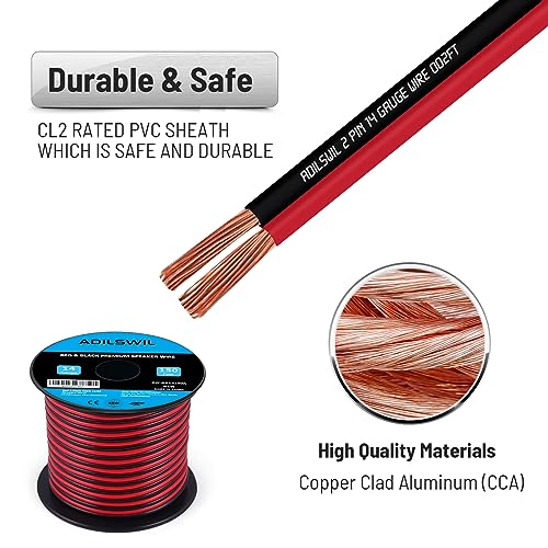 14AWG 150FT Speaker Wire, 2 Conductors Electrical Red Black Cable Hookup LED Lighting Strips Flexible Wire Extension Cord 14 Gauge Copper Clad Aluminum Copper Wire 12V/24V DC Cable - size: 14AWG 150FT CCA