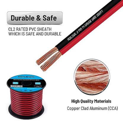 14AWG 150FT Speaker Wire, 2 Conductors Electrical Red Black Cable Hookup LED Lighting Strips Flexible Wire Extension Cord 14 Gauge Copper Clad Aluminum Copper Wire 12V/24V DC Cable - size: 14AWG 150FT CCA