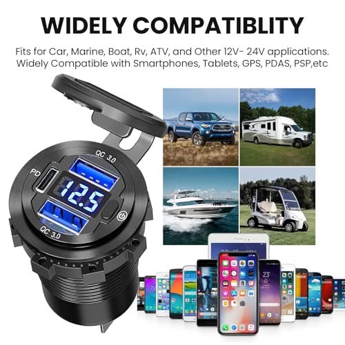12V USB Car Socket, 3-Port Marine Aluminum USB Quick Charge Waterproof Cigarette Round USB C 12V Outlet for Car Golf Cart Boat Marine Bus Truck RV Marine Motorcycle etc(2QC+1PD(1Pack)) - color: 2USB+1PD(1Pack)