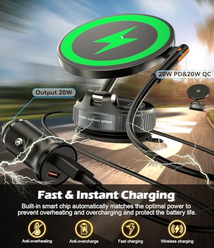 CloudValley 15W Fast Wireless Charger Car Phone Mount Charger with Type-C Fast Car Charger, Vacuum Suction Cup Magnetic Phone Holder Design for MagSafe iPhone 17 Pro Max 16-12 Series,Pixel 10 Pro XL - style: Charger Mount With Adapter