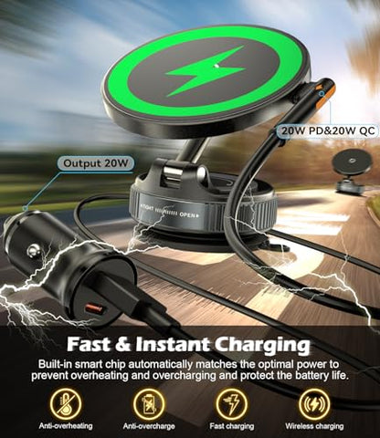 CloudValley 15W Fast Wireless Charger Car Phone Mount Charger with Type-C Fast Car Charger, Vacuum Suction Cup Magnetic Phone Holder Design for MagSafe iPhone 17 Pro Max 16-12 Series,Pixel 10 Pro XL - style: Charger Mount With Adapter