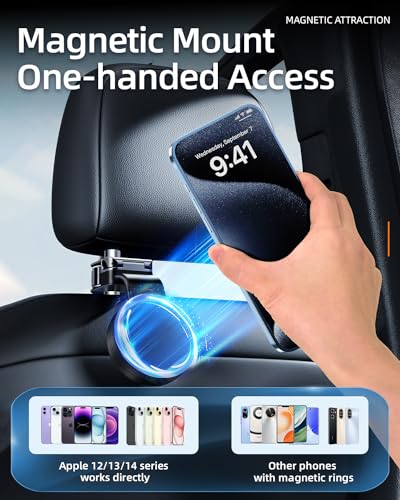 1 Pack Headrest Hook for Car Seat Back with Magnetic Phone Holder, Multifunctional Car Seat Hooks for Purses and Bags Handbag Grocery Bag, Purse Hanger Car Organizers and Storage Accessories