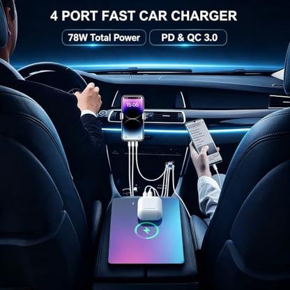 78W 4 Port 12V USB Outlet Car Charger,Dual PD & QC Multiple USB Port for Car, USB C Cigarette Lighter Replacement 12 Volt Socket with Voltmeter Waterproof for Marine Boat Motorcycle RV