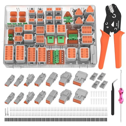 305PCS Deutsch Connector Kit, Hoodutric IP67 Waterproof Electrical Plugs DT 2/3/4/6/8/12 Pin Connectors with 74 Pairs Size 16 Stamped Contacts, Crimper & Terminal Removal Tool for Car Truck Boat