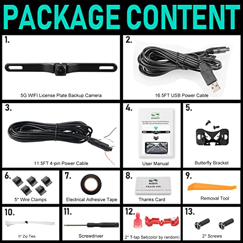 WiFi Car Backup Camera, GreenYi 5G 720P HD Car License Plate Rear/Front View Reverse Camera for iPhone iPad Android Smart Phones Tablets Which Support Double Band WiFi