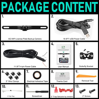 WiFi Car Backup Camera, GreenYi 5G 720P HD Car License Plate Rear/Front View Reverse Camera for iPhone iPad Android Smart Phones Tablets Which Support Double Band WiFi