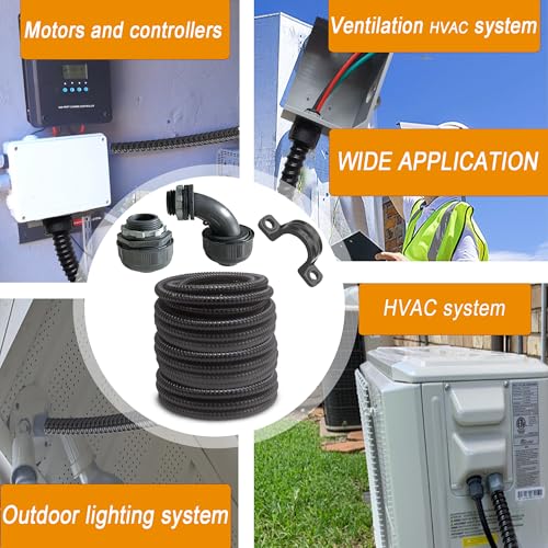(1/2" Dia * 100 Feet) Yariwiz Black Special Extra Flexible Electrical Conduit Liquid Tight PVC Conduit Kit with 5 PCS Coupling, 5 PCS Elbow and 10 PCS Strap, Sealtight Seal Flex Liquidtight Wire - style: 1/2 inch-100ft-Kit