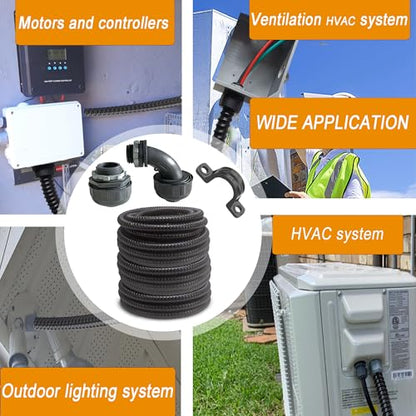 (1/2" Dia * 100 Feet) Yariwiz Black Special Extra Flexible Electrical Conduit Liquid Tight PVC Conduit Kit with 5 PCS Coupling, 5 PCS Elbow and 10 PCS Strap, Sealtight Seal Flex Liquidtight Wire - style: 1/2 inch-100ft-Kit