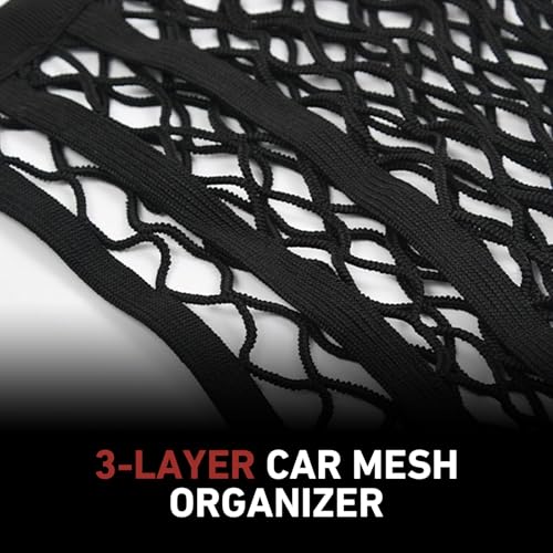 3-Layer Car Mesh Organizer, Front Seat Back Net Bag, Stretchable Kid Dog Car Net Barrier Pet Divider Storage, Universal Hanging Storage Netting Pouch for Most Auto, Sedan, SUV