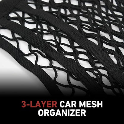 3-Layer Car Mesh Organizer, Front Seat Back Net Bag, Stretchable Kid Dog Car Net Barrier Pet Divider Storage, Universal Hanging Storage Netting Pouch for Most Auto, Sedan, SUV