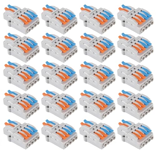 DIANN 20pcs Lever Wire Connectors 2 in 4 Out Quick Wiring Cable Connector 28-12 AWG Push-in Conductor Terminal Block - color: 20pcs 2 in 4 out