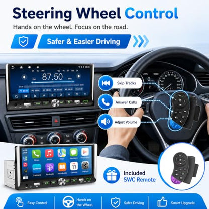 Single Din Car Stereo with Wireless Apple Carplay Android Auto 6.9'' Touchscreen 50W x 4 Output Car Radio bluetoothBackup Camera Mirror Link Navigation USB Type-C Fast Charging FM/AM EQ SWC
