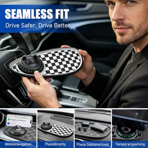 Multifunctional Car Anti Slip Mat with 360° Rotating Phone Holder, Dashboard Organizer for Sunglasses & Keys, Includes Temporary Parking Number Plate - Car Accessories for Women (Black-Gray)
