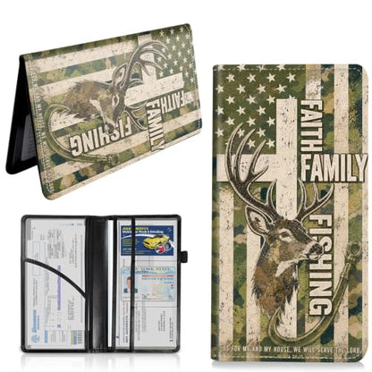 Car Registration and Insurance Card Holder Wallet, Deer Hunting Fishing Faith Vehicle Document Organizer for Glove Box, Auto License & ID Card Holder Case, Slim Multi-Slot Car Paper Organizer - color: Deer Hunting Fishing Faith