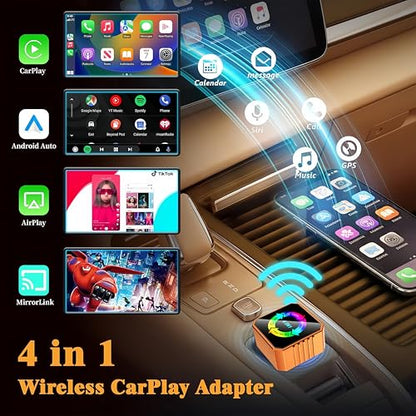 2026 4-in-1 Wireless CarPlay & Android Auto Adapter, AirPlay MirrorLink Screen Mirroring Dongle, 5.8G WiFi BT 5.3, USB/C Plug & Play for OEM Wired Cars (Orange) (Orange)