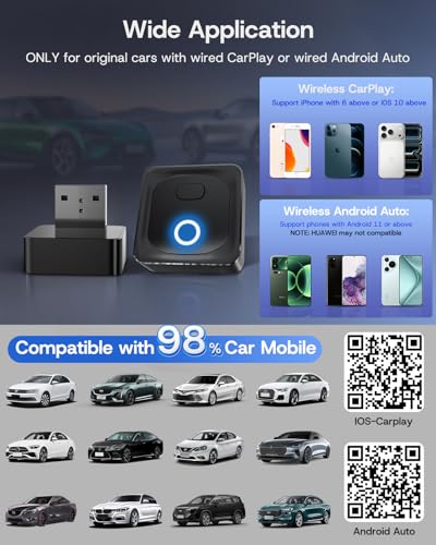 2026 Upgrade Wireless CarPlay Adapter/Android Auto Wireless Adapter, Plug & Play Fast Connection, One-Tap Disconnect, Wi-Fi 6 & Bluetooth 5.4, Support USB A/Type C, Mini Design- Carbon Black