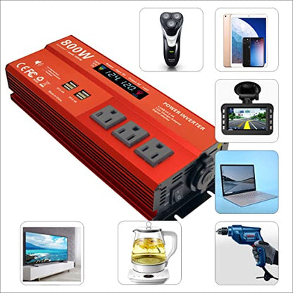 800W Peak 1600W Power inverters for Vehicles,Peak 1600 watt, Car 12V DC to 110V AC Converter 4x2.4A USB Ports Car Charger with 1 Cigarette Lighter Ports,LCD Digital Display - size: 800W
