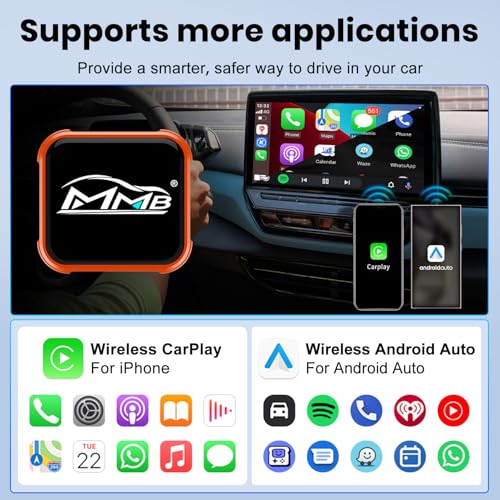 MMB Wireless CarPlay Adapter for iPhone＆Android Auto, Fast Auto-Connect, WiFi 6, Bluetooth 5.4, Convert Wired to Wireless, No Delay, USB-C/USB-A/Extension Cable, Compatible with iOS10+/Android 11+ - color: Ultra Orange