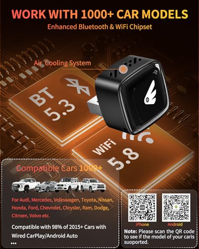 Wireless CarPlay Adapter for iPhone (iOS 10+) & Android Auto Converter (Android 11+), Plug & Play Dongle for Cars 2016+, Wired to Wireless