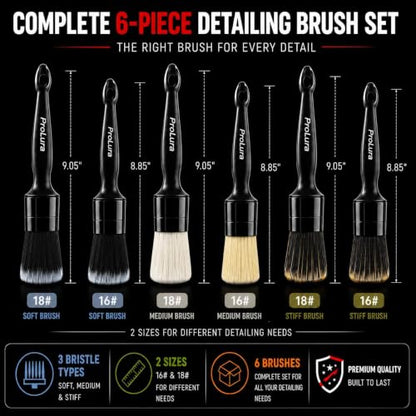 6PCS Car Detailing Brush Set - 2 Boar Hair Brushes, 2 Ultra Soft No-Scratch Brushes & 2 Medium Detail Brushes for Car Interior & Exterior Cleaning