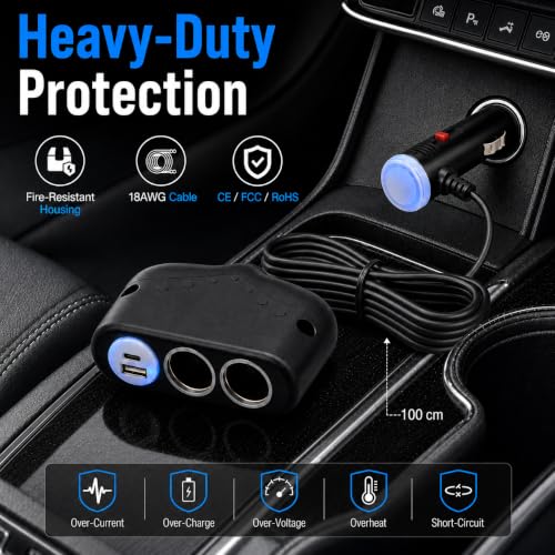 Cliff Top Car Cigarette Lighter Splitter, Dual Socket USB-C PD QC3.0 Switch