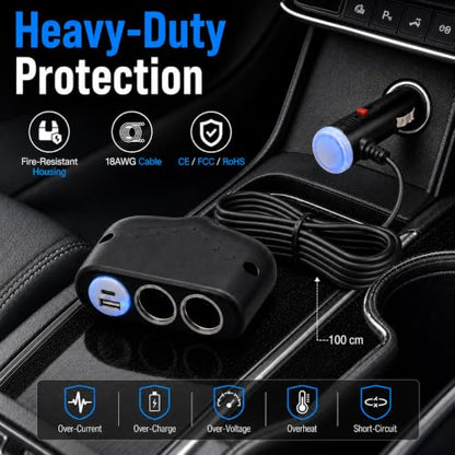 Cliff Top Car Cigarette Lighter Splitter, Dual Socket USB-C PD QC3.0 Switch