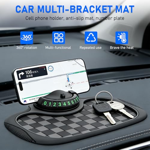 Multifunction Car Anti Slip Mat, 360° Rotatable Phone Holder Dashboard Pad with Temporary Parking Number, Organizer for Phone Sunglasses Keys (Black and Brown Plaid) - color: Black and brown plaid
