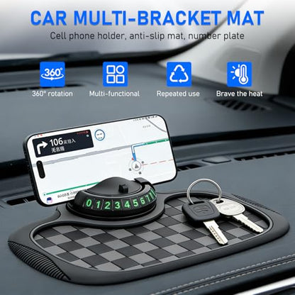 Multifunction Car Anti Slip Mat, 360° Rotatable Phone Holder Dashboard Pad with Temporary Parking Number, Organizer for Phone Sunglasses Keys (Black and Gray Plaid) - color: Black and gray plaid
