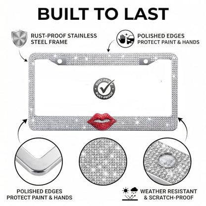 White Bling License Plate Frame for Women, Red Rhinestone Lips - color: White Frame + Red Lip
