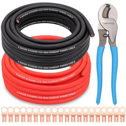 AWG 4 Gauge Wire Kit,Battery Cable,CCA Copper Clad Aluminum 50FT Black/Red with 4ga lugs,10-in Cable Cutter and Heat Shrink Tube for Power/Ground,Car Audio Speaker,Amp Wiring kit - color: W/ Cutter