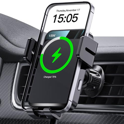 Wireless Car Charger, MOKPR Auto-Clamping Car Mount 15W/10W/7.5W Fast Charging Air Vent Car Phone Mount Compatible with iPhone 15/14/13/13 Pro/12 Pro Max/12 pro/12/11/10 Series, Samsung Galaxy Series - color: Black