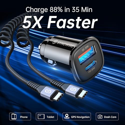Syncwire USB C Car Charger 60W [PD 30W & QC 30W] Fast Charging USB Adapter with 5FT Type C Coiled Cable Compatible with iPhone 16/16 Plus/16 Pro/16 Pro Max/Galaxy S23/S22/ Google Pixel 7/7Pro
