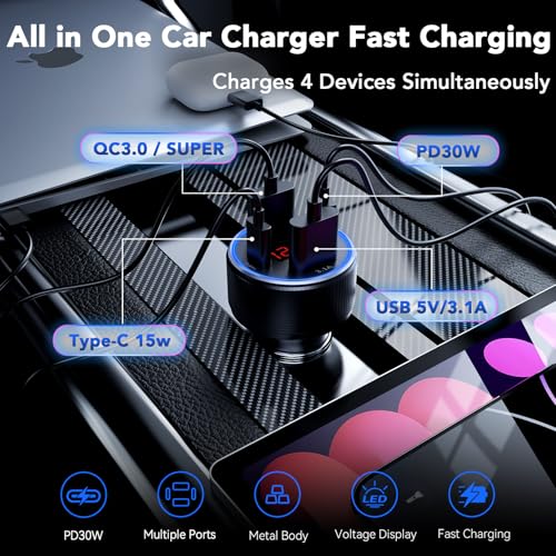 iPhone 17 Car Charger USB C Fast Charge Cable, 78W 4 Port Metal Car Phone Charger Adapter with Voltmeter PD 30W & QC3.0 Cigarette Lighter USB Adapter for iPhone 17/16/15, Galaxy, iPad, Android - color: Black & Cable