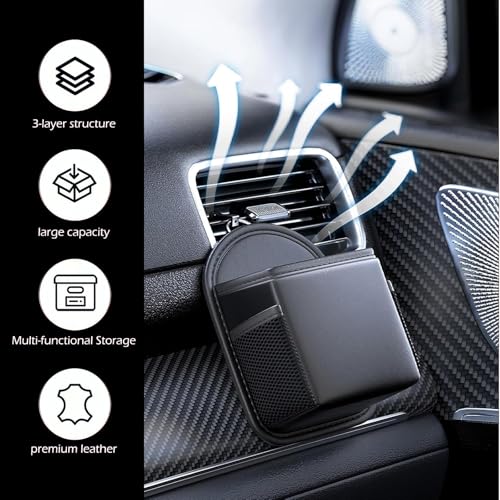 Car Air Vent Organizer Bag, Multi-functional Dashboard Storage Pouch for Phone Glasses Keys Cards, Anti-scratch Multi-layer Protection Bag, Interior Accessory for Most Car Vents (Black)