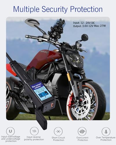 Garystat Motorcycle USB-C Charger, SAE to USB Adapter, 27W Dual Port USB Fast Charger with Voltmeter/Ammeter & ON/Off Switch, Perfect for Charging Phone, Tablet, GPS etc