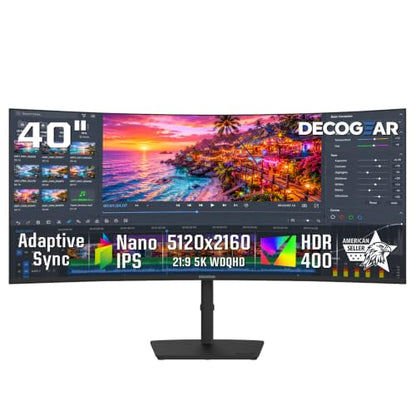Deco Gear 40 inch Curved 5K2K Ultrawide Monitor, 5120x2160 WDQHD 21:9 IPS, Adaptive Sync, 75Hz USB-C 90W PD, 2500R 1ms MPRT, HDMI 2.0, DP 1.4, KVM, PIP/PBP, HDR, Speakers, Audio Out, Adjustable Stand - size: 40 Inch-75