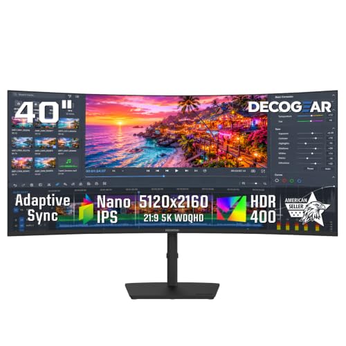 Deco Gear 40 inch Curved 5K2K Ultrawide Monitor, 5120x2160 WDQHD 21:9 IPS, Adaptive Sync, 75Hz USB-C 90W PD, 2500R 1ms MPRT, HDMI 2.0, DP 1.4, KVM, PIP/PBP, HDR, Speakers, Audio Out, Adjustable Stand - size: 40 Inch-75