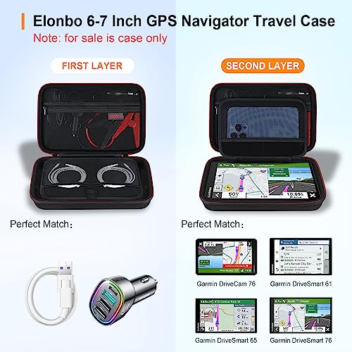 Elonbo GPS Carrying Case for 6-7 Inch Garmin DriveSmart 76/66/65/61, DriveCam 76, Garmin RV 780/795/dezl OTR700/OTR610 Garmin Catalyst GPS Navigator System, Pocket Fits Car Charger USB Cable,Black - color: Black--6-7 Inch GPS
