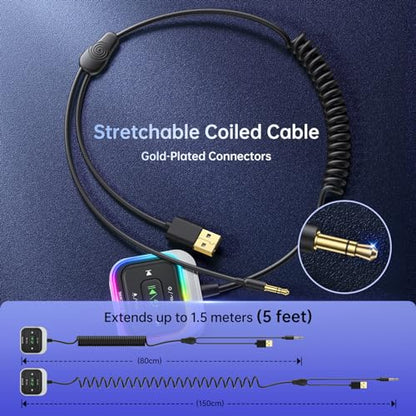 Syncwire Bluetooth 5.4 Receiver 3.5mm Aux Car Adapter Bluetooth Receiver Car Kit with Coiled Cable [Large Mic Noise Cancellation] [Hands-Free Calling] [HiFi Deep Bass] [Colorful Light Switch]