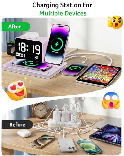 Acer 7-in-1 Wireless Charging Station with LED Clock - 30W Fast Wireless Charger for iPhone 16/15/14/13/12/Pro Max, Apple Watch, AirPods - Bluetooth Auto Time Sync & Night Lights (Purple) - color: Purple