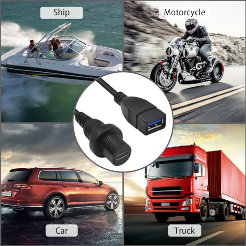 Duttek USB Type C to USB3.0 Panel Flush Waterproof Cable, USB 3.0 Female to Type C 3.0 Female Car Mount Dash Flush Waterproof Extension Cable for Car, Boat, Motorcycle (1FT/30CM) - style: USB C Feamle to USB 3.0 Female