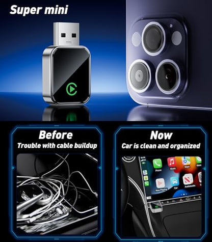 Wireless CarPlay Adapter for iPhone(2025 Upgraded),Mini Size & Plug - Play,Converts Wired to Wireless Apple CarPlay,No Delay Carplay Dongle for Apple iOS 10+/Android 11+ and Above