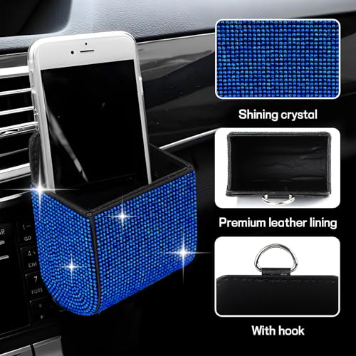 Car Vent Storage Organizer, Rhinestone Car Air Vent Leather Storage Pouch, Bling Automotive Hanging Bag Pocket Case, Universal Auto Mount Cell Phone Sunglasses Coin Holder (Blue) - color: Blue