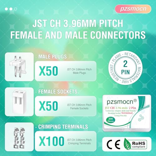 200 Pieces / 50 Sets JST CH 3.96mm 2 Pin 24-18 AWG Connector Kit - size: 2-Pin, style: JST-CH