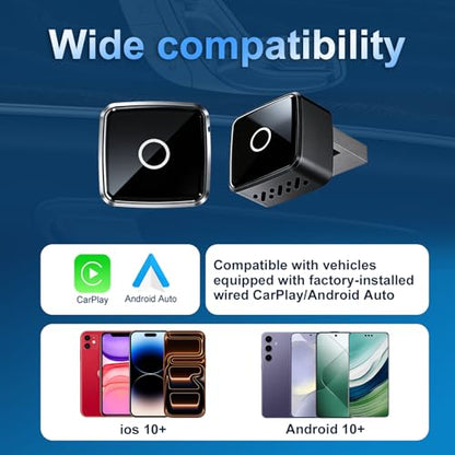 Wireless CarPlay/Android Auto Mini Adapter 2-in-1 Plug&Play Dongle for OEM Wired CarPlayAndroid Auto Cars After 2016 Fast Auto-Reconnect Keep Factory Controls Support iOS 10+ / Android 11+