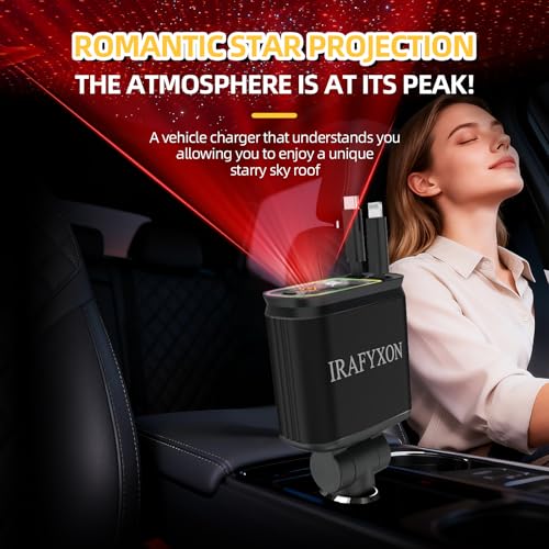 Retractable Car Charger with 31-Inch Cables 4 in 1 Fast Car Charger USB C Car Adapter with Starry Sky Light for iPhone 17 16 15 14 Car Accessories Gifts for Men Women Drivers (Black) - color: BLACK