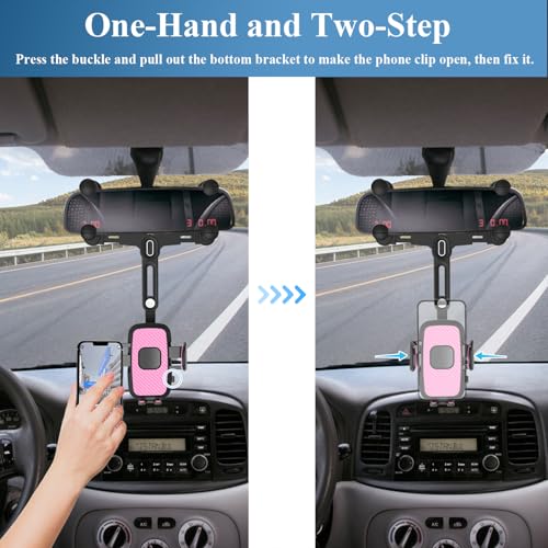 Phone Mount for Car, Rear View Mirror Phone Holder, Rotatable and Retractable Car Phone Holder Mount Rearview Mirror Phone Holder for Car Compatible with iPhone Samsung Cell Phones (Pink) - style: Pink
