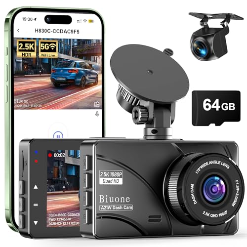 Dual Dash Cam, 2.5K Front, 1080P Rear, 5G WiFi, 64GB Card - size: A21W 2.5K Dash Cam