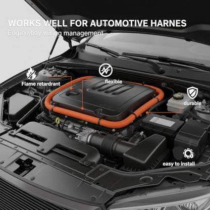 Automotive Split Wire Loom Braided Cable Sleeve, High Temperature 300°F Heat Resistant & Flame Retardant, Self-Wrapping Wire Harness Protector Car Cable Management (Black, 1/2"-50Feet) - color: Black, size: 1/2"-50Feet