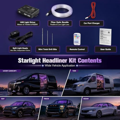 CHINLY 800Pcs Split Starlight Headliner Kit, 4 Light Heads 0.02in 4.92ft RGBW Star Lights for Car, 16W Starlight Kit APP/Remote Control, Flexible Wiring for Car Roof Ceiling - size: Standard+800pcs*0.02in*4.92ft